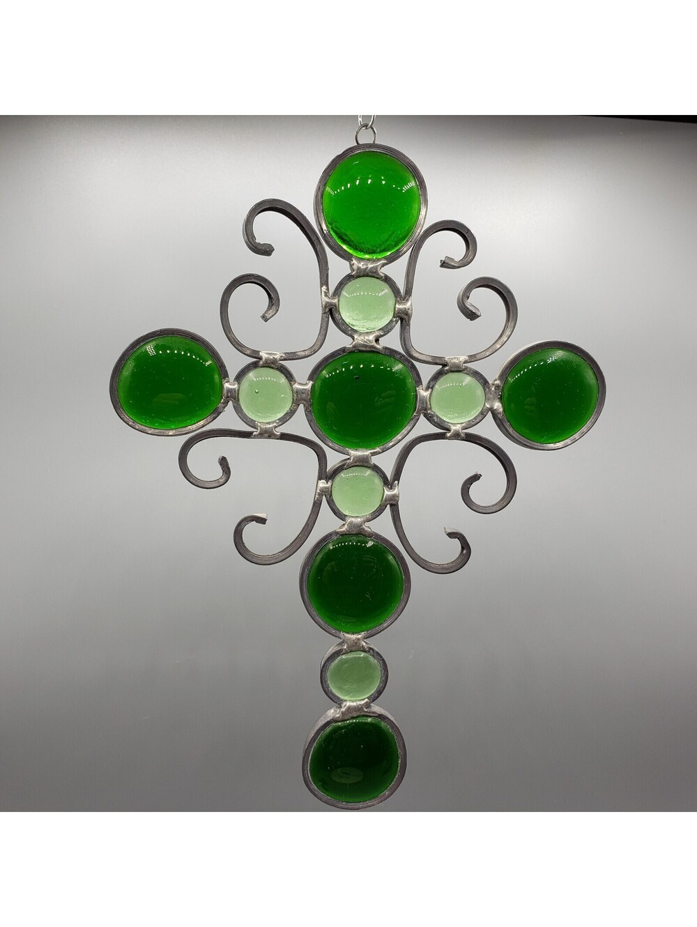 Leaded Glass Cross Two Toned Green Artisan Brutalist Style Sun Catcher Wall Hang